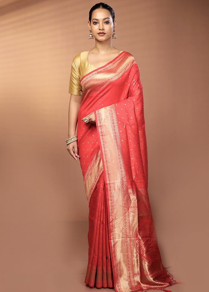 Red Dupion Silk Saree With Blouse Piece