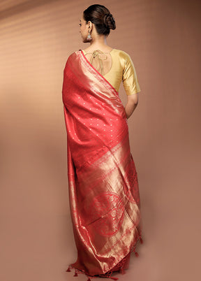 Red Dupion Silk Saree With Blouse Piece