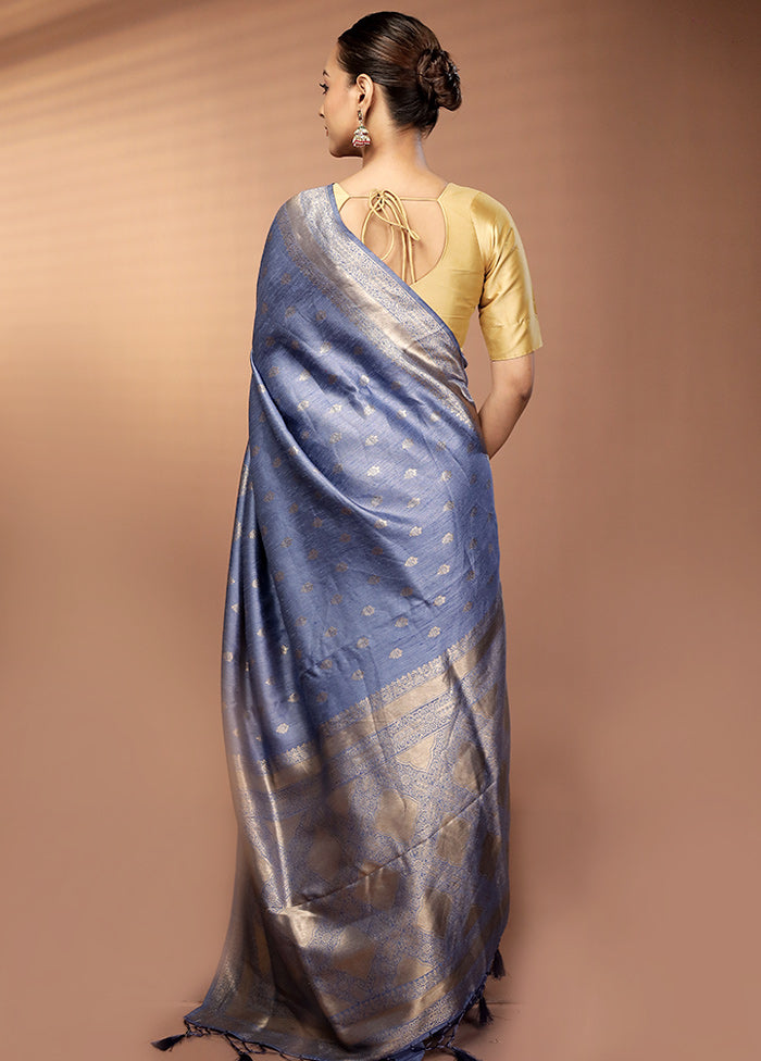 Blue Dupion Silk Saree With Blouse Piece