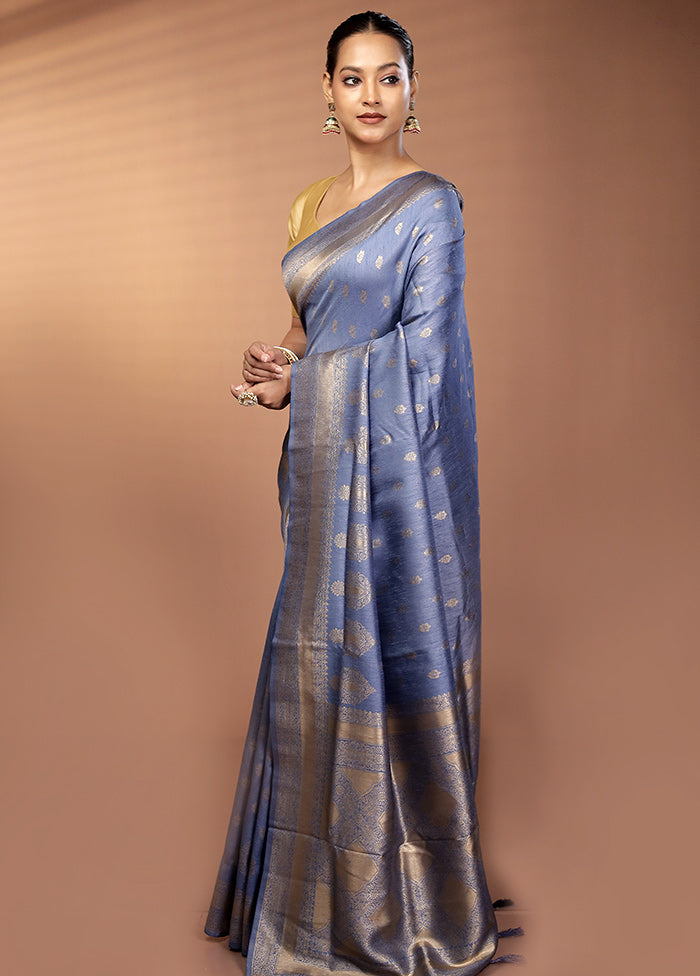 Blue Dupion Silk Saree With Blouse Piece