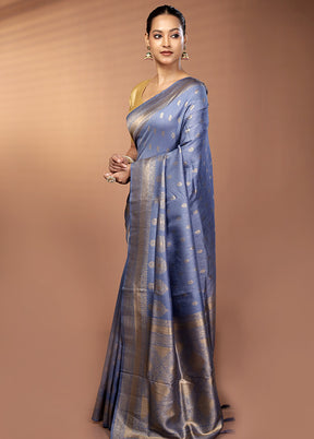 Blue Dupion Silk Saree With Blouse Piece