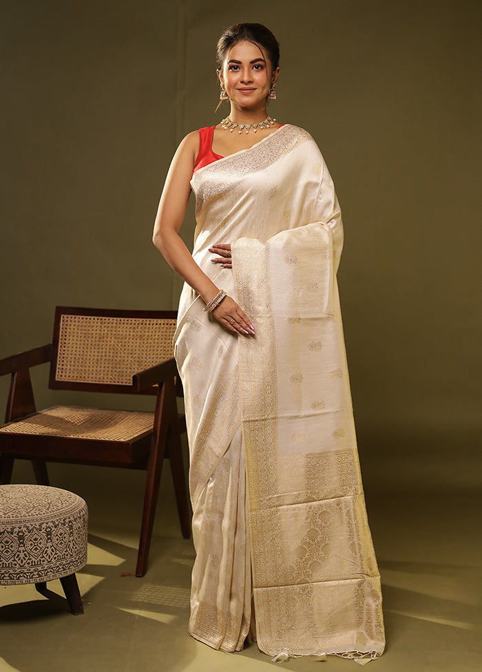 Cream Dupion Silk Saree With Blouse Piece