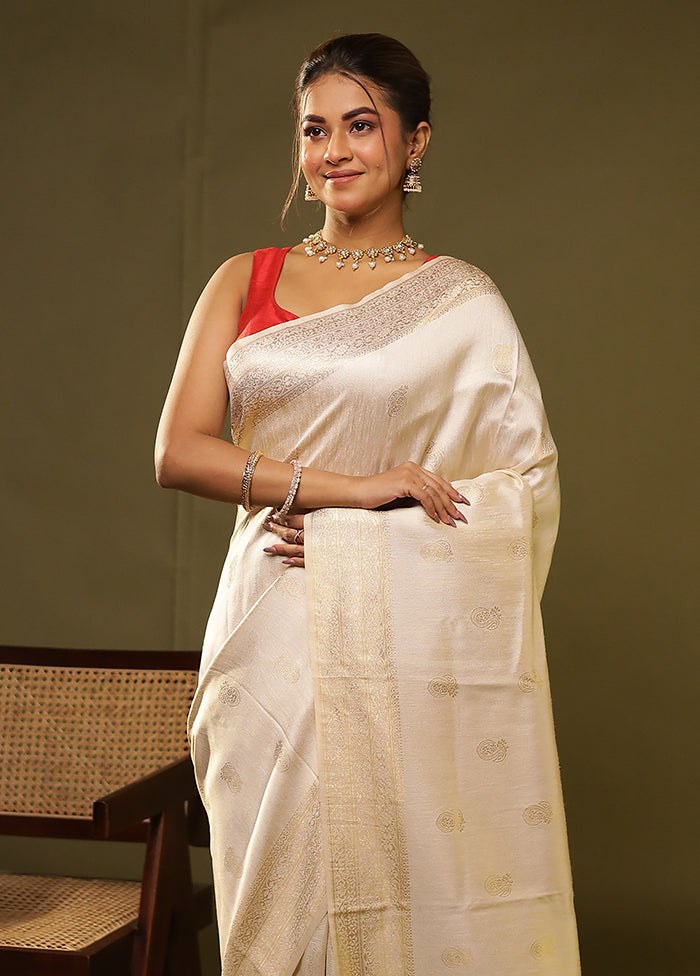Cream Dupion Silk Saree With Blouse Piece
