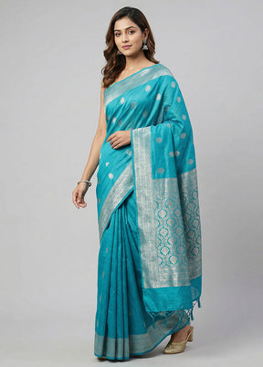 Blue Dupion Silk Saree With Blouse Piece