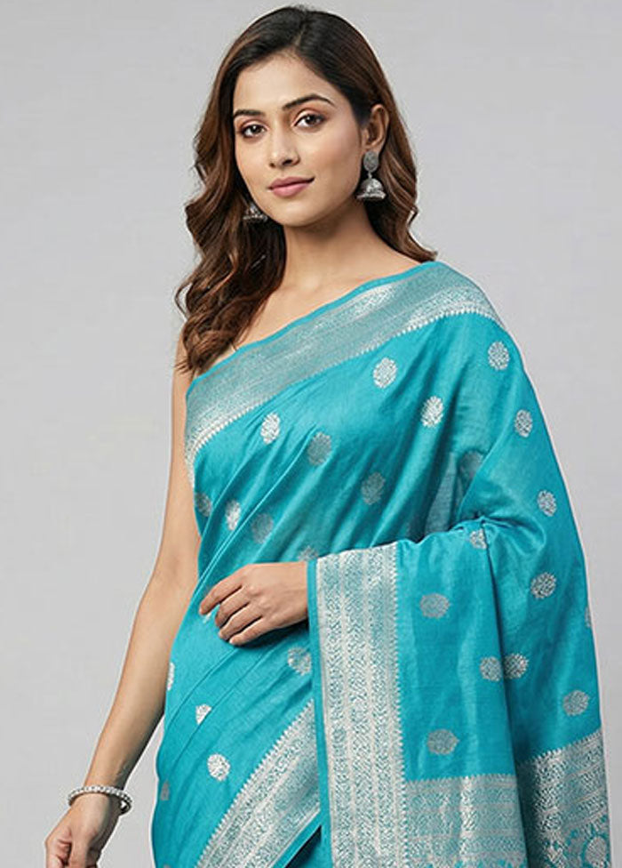 Blue Dupion Silk Saree With Blouse Piece