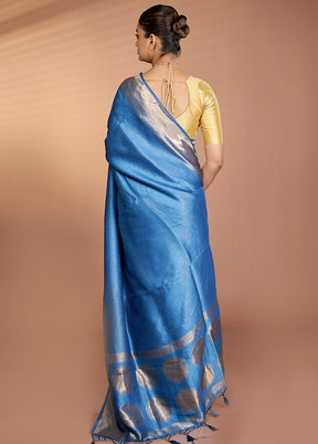 Blue Dupion Silk Saree With Blouse Piece