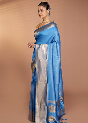 Blue Dupion Silk Saree With Blouse Piece