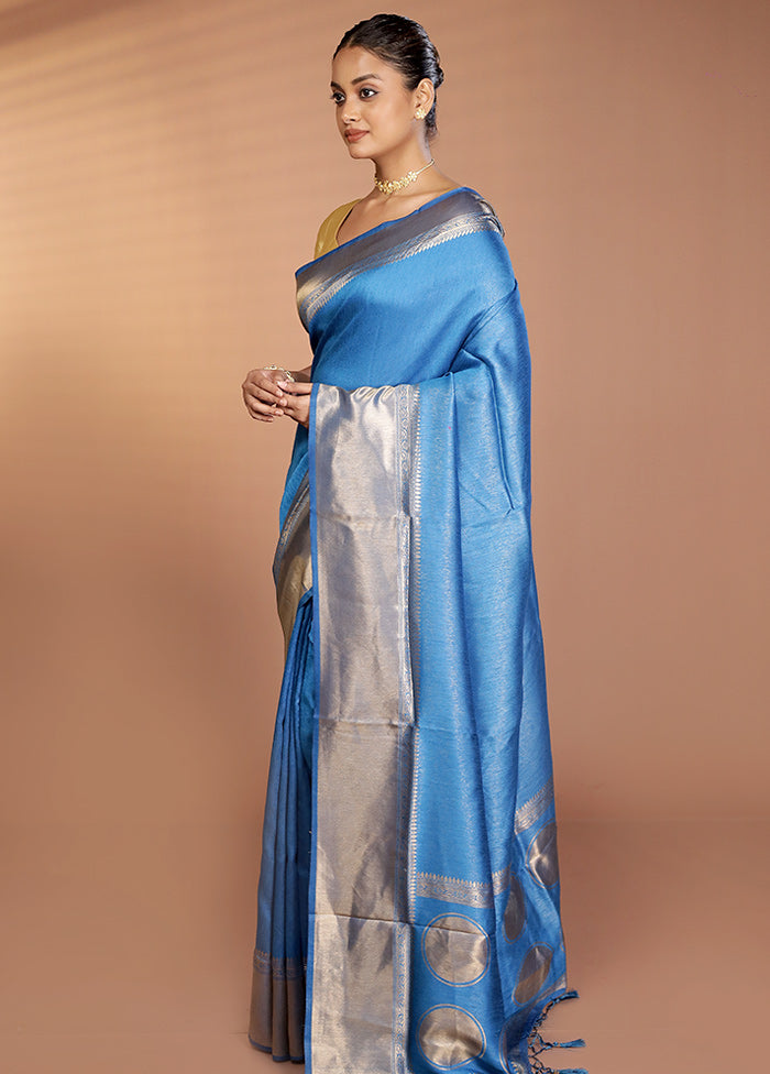 Blue Dupion Silk Saree With Blouse Piece