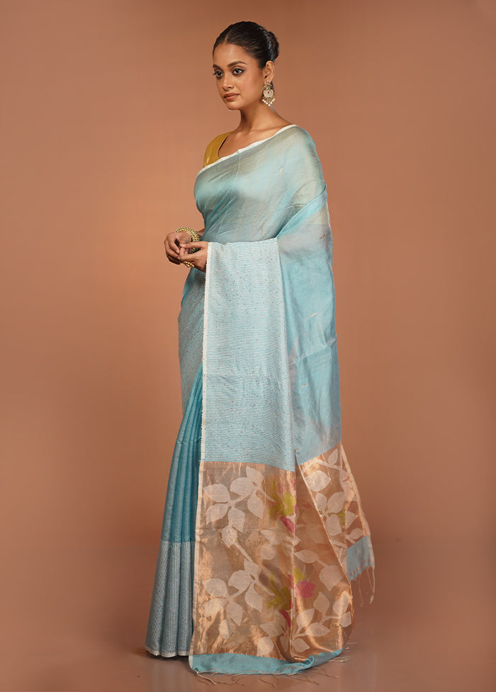 Blue Handloom Matka Pure Silk Saree With Blouse Piece