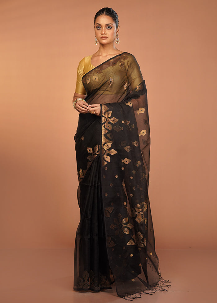 Black Handloom Matka Pure Silk Saree With Blouse Piece