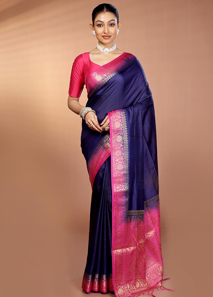 Blue Dupion Silk Saree With Blouse Piece