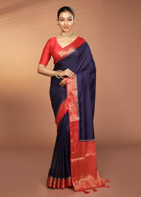 Blue Dupion Silk Saree With Blouse Piece
