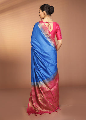 Blue Dupion Silk Saree With Blouse Piece