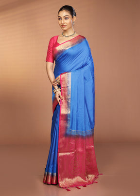Blue Dupion Silk Saree With Blouse Piece