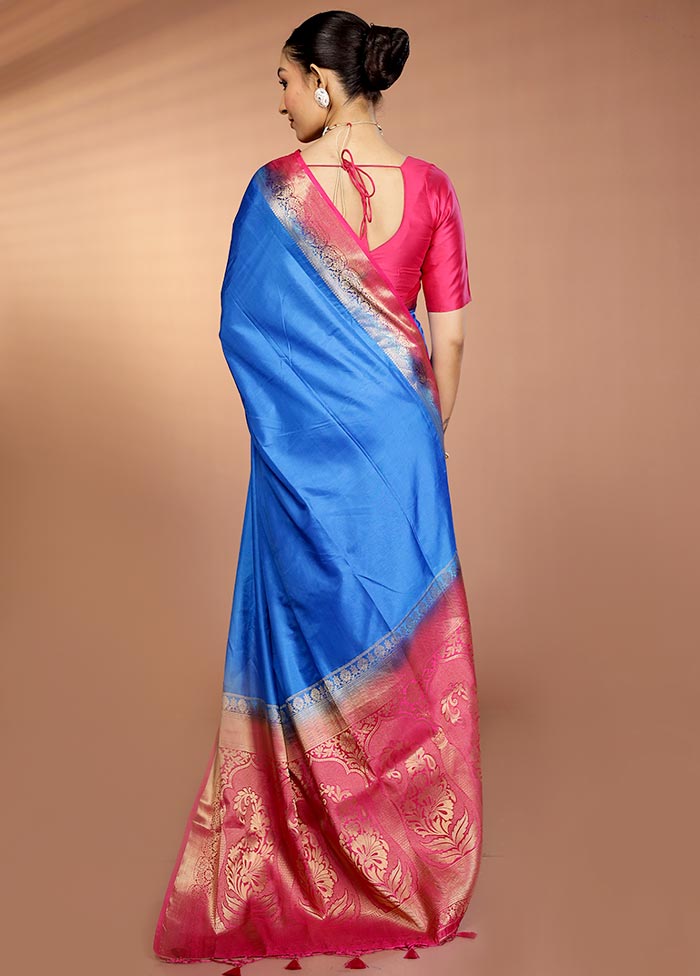 Blue Dupion Silk Saree With Blouse Piece