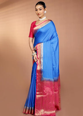 Blue Dupion Silk Saree With Blouse Piece