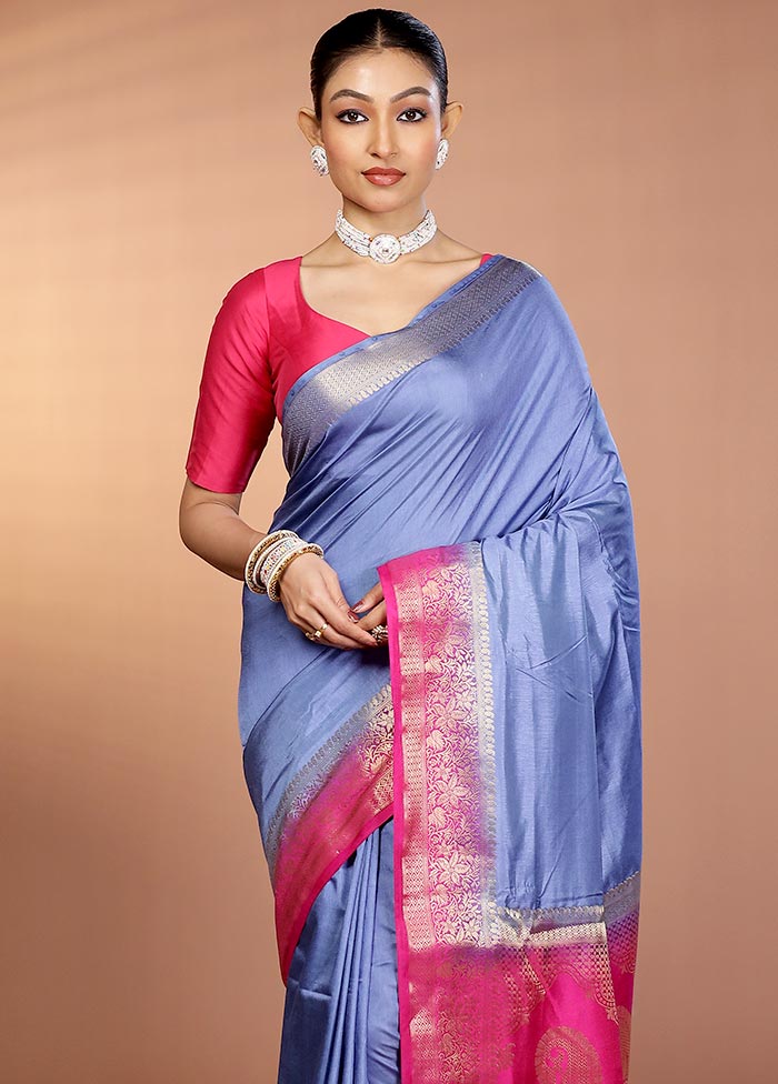 Blue Dupion Silk Saree With Blouse Piece