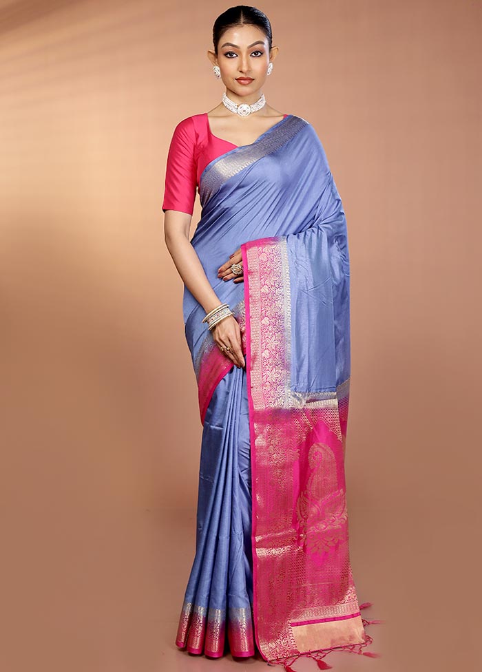 Blue Dupion Silk Saree With Blouse Piece