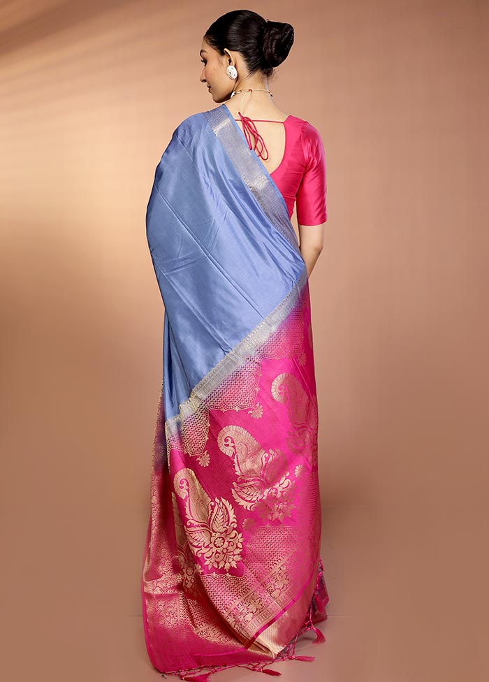 Blue Dupion Silk Saree With Blouse Piece