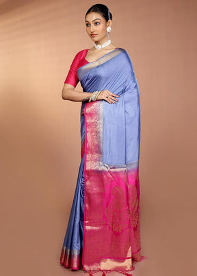Blue Dupion Silk Saree With Blouse Piece