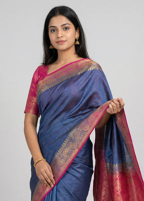 Blue Dupion Silk Saree With Blouse Piece