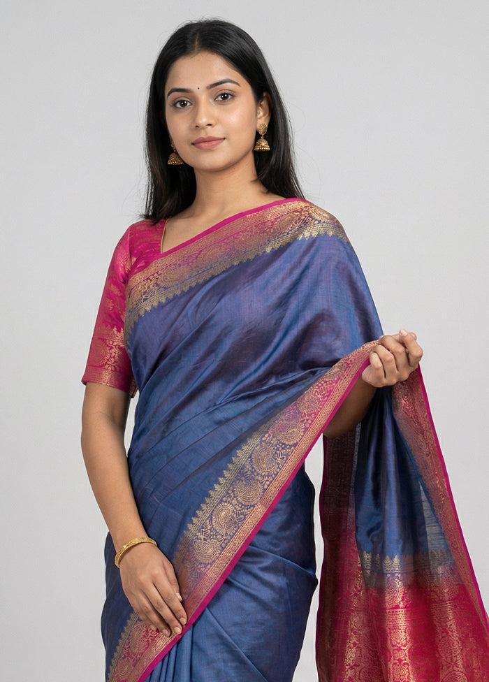 Blue Dupion Silk Saree With Blouse Piece
