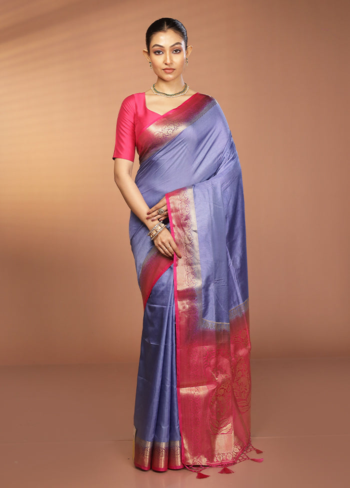 Blue Dupion Silk Saree With Blouse Piece