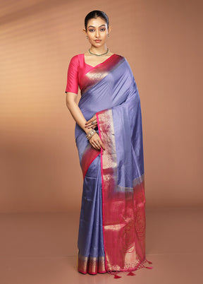 Blue Dupion Silk Saree With Blouse Piece