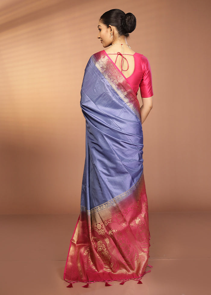 Blue Dupion Silk Saree With Blouse Piece