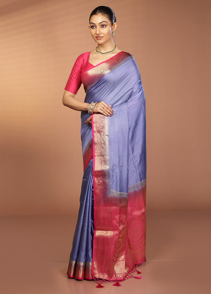 Blue Dupion Silk Saree With Blouse Piece