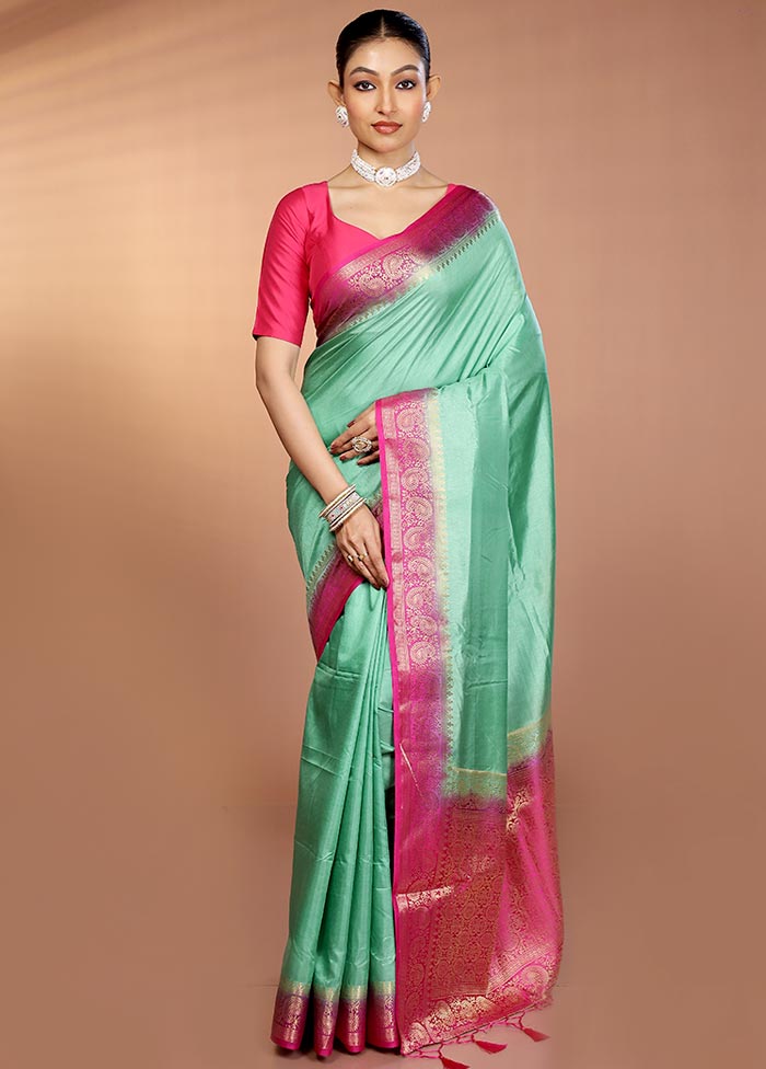 Green Dupion Silk Saree With Blouse Piece