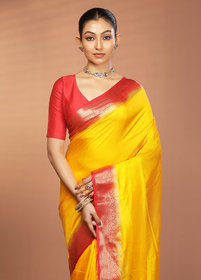 Yellow Dupion Silk Saree With Blouse Piece