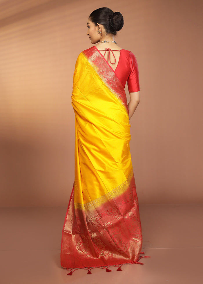 Yellow Dupion Silk Saree With Blouse Piece