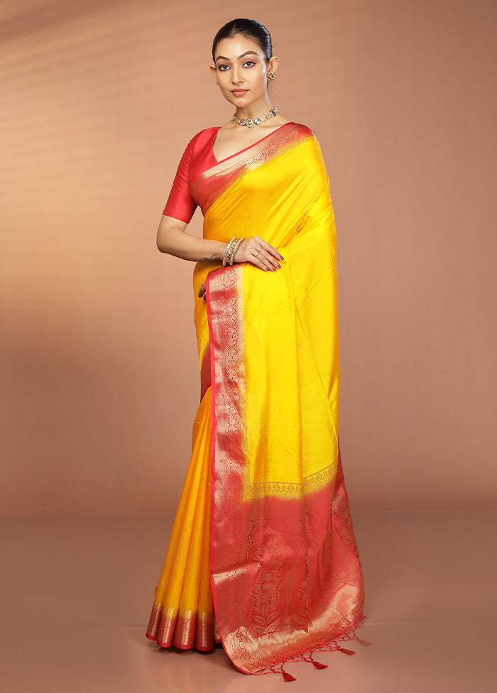 Yellow Dupion Silk Saree With Blouse Piece