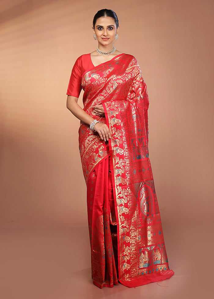 Red Baluchari Silk Saree With Blouse Piece