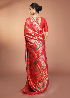 Red Baluchari Silk Saree With Blouse Piece