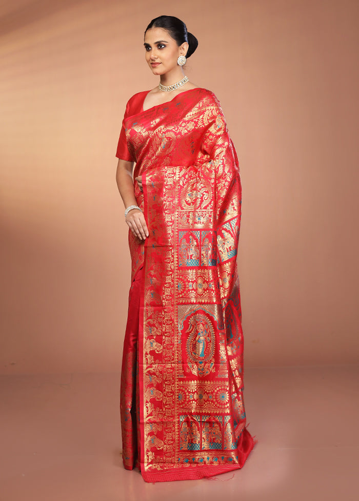 Red Baluchari Silk Saree With Blouse Piece