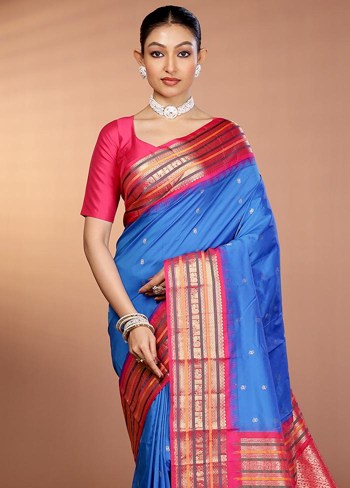 Blue Kanjivaram Silk Saree With Blouse Piece