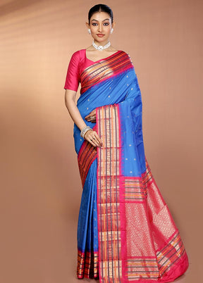 Blue Kanjivaram Silk Saree With Blouse Piece