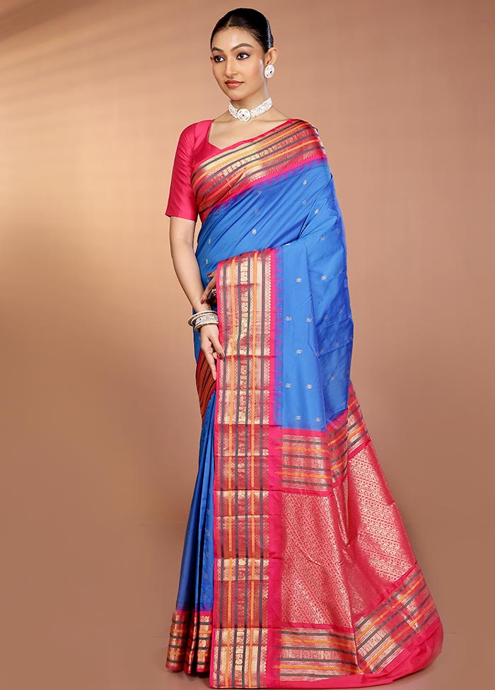 Blue Kanjivaram Silk Saree With Blouse Piece