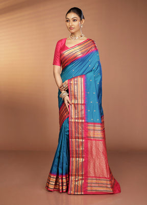 Blue Kanjivaram Silk Saree With Blouse Piece