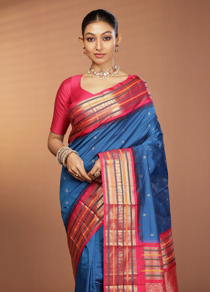 Blue Kanjivaram Silk Saree With Blouse Piece