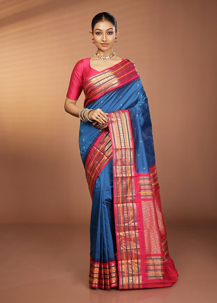 Blue Kanjivaram Silk Saree With Blouse Piece