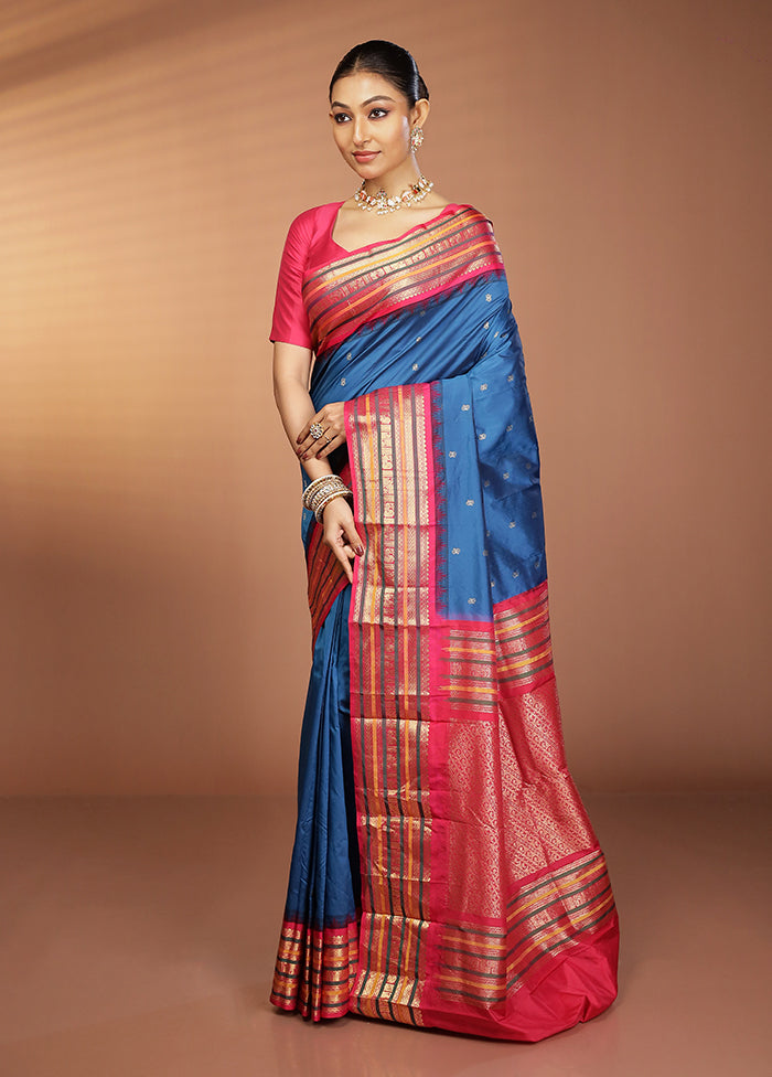 Blue Kanjivaram Silk Saree With Blouse Piece