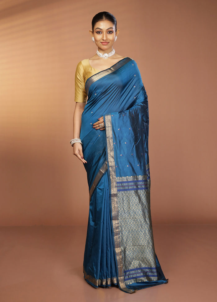 Blue Kanjivaram Silk Saree With Blouse Piece