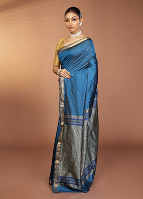 Blue Kanjivaram Silk Saree With Blouse Piece