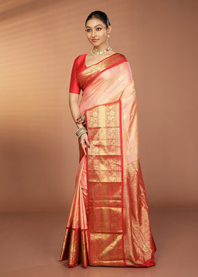 Pink Handloom Kanjivaram Pure Silk Saree With Blouse Piece