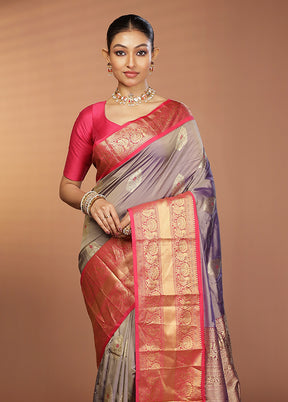 Grey Handloom Kanjivaram Pure Silk Saree With Blouse Piece