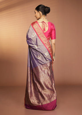 Grey Handloom Kanjivaram Pure Silk Saree With Blouse Piece