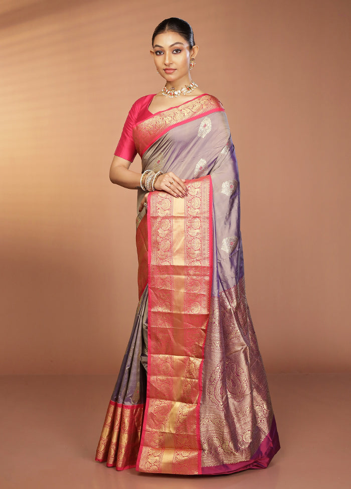 Grey Handloom Kanjivaram Pure Silk Saree With Blouse Piece